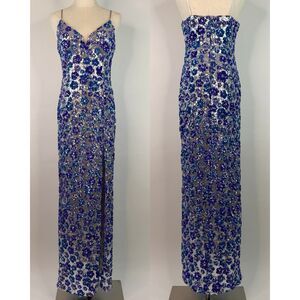 B. Smart Blue Silver Floral Sequins Maxi Prom Dress Size 9/10 Formal Gown Slit